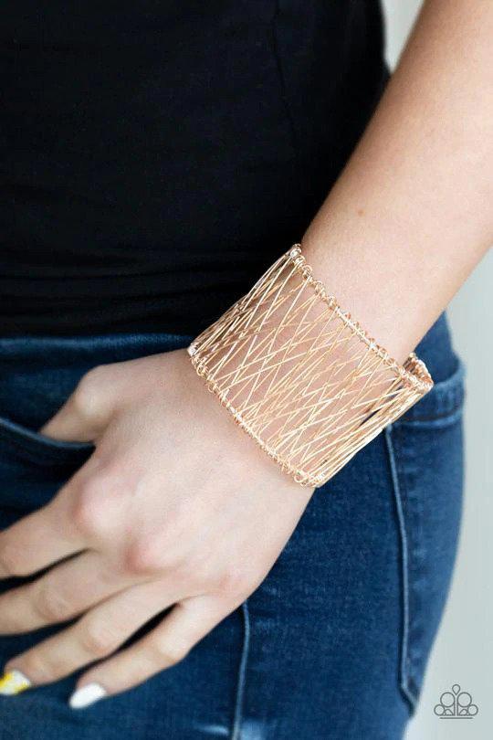 Work for WIRE Rose Gold Cuff Bracelet - Paparazzi Accessories- on model - CarasShop.com - Paparazzi Jewelry by Cara Jewels