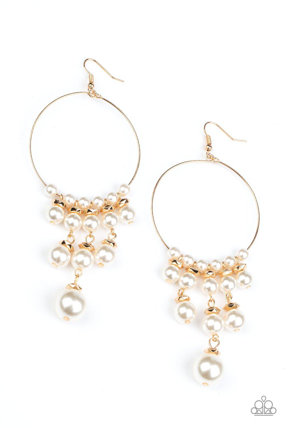 Working The Room Gold and White Pearl Earrings - Paparazzi Accessories- lightbox - CarasShop.com - Paparazzi Jewelry by Cara Jewels