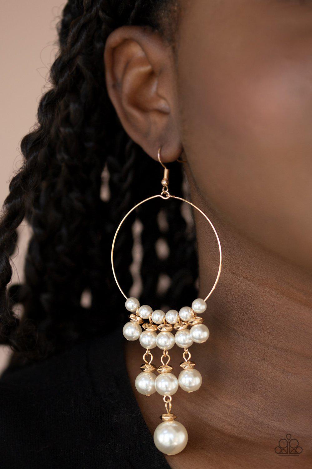 Working The Room Gold and White Pearl Earrings - Paparazzi Accessories- on model - CarasShop.com - Paparazzi Jewelry by Cara Jewels