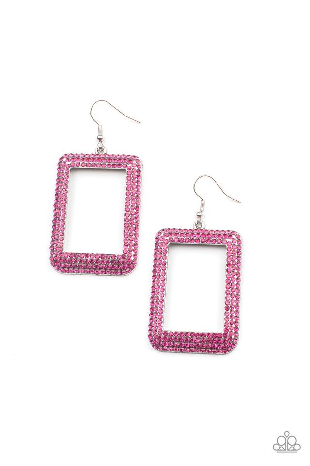 World FRAME-ous Pink Rhinestone Earrings - Paparazzi Accessories- lightbox - CarasShop.com - Paparazzi Jewelry by Cara Jewels