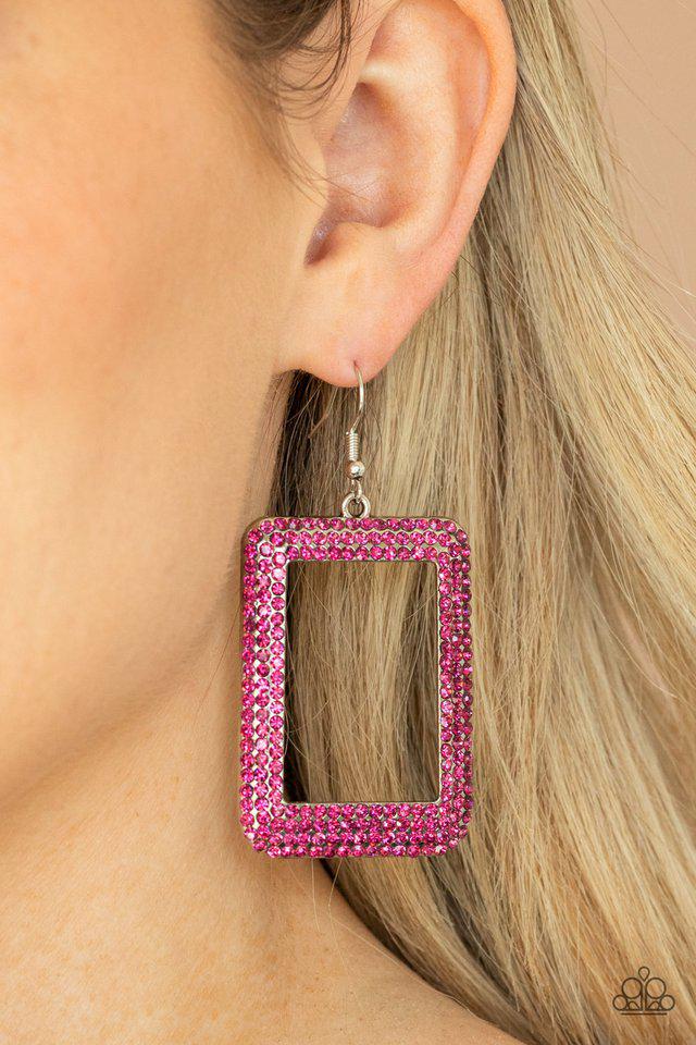 World FRAME-ous Pink Rhinestone Earrings - Paparazzi Accessories- on model - CarasShop.com - Paparazzi Jewelry by Cara Jewels