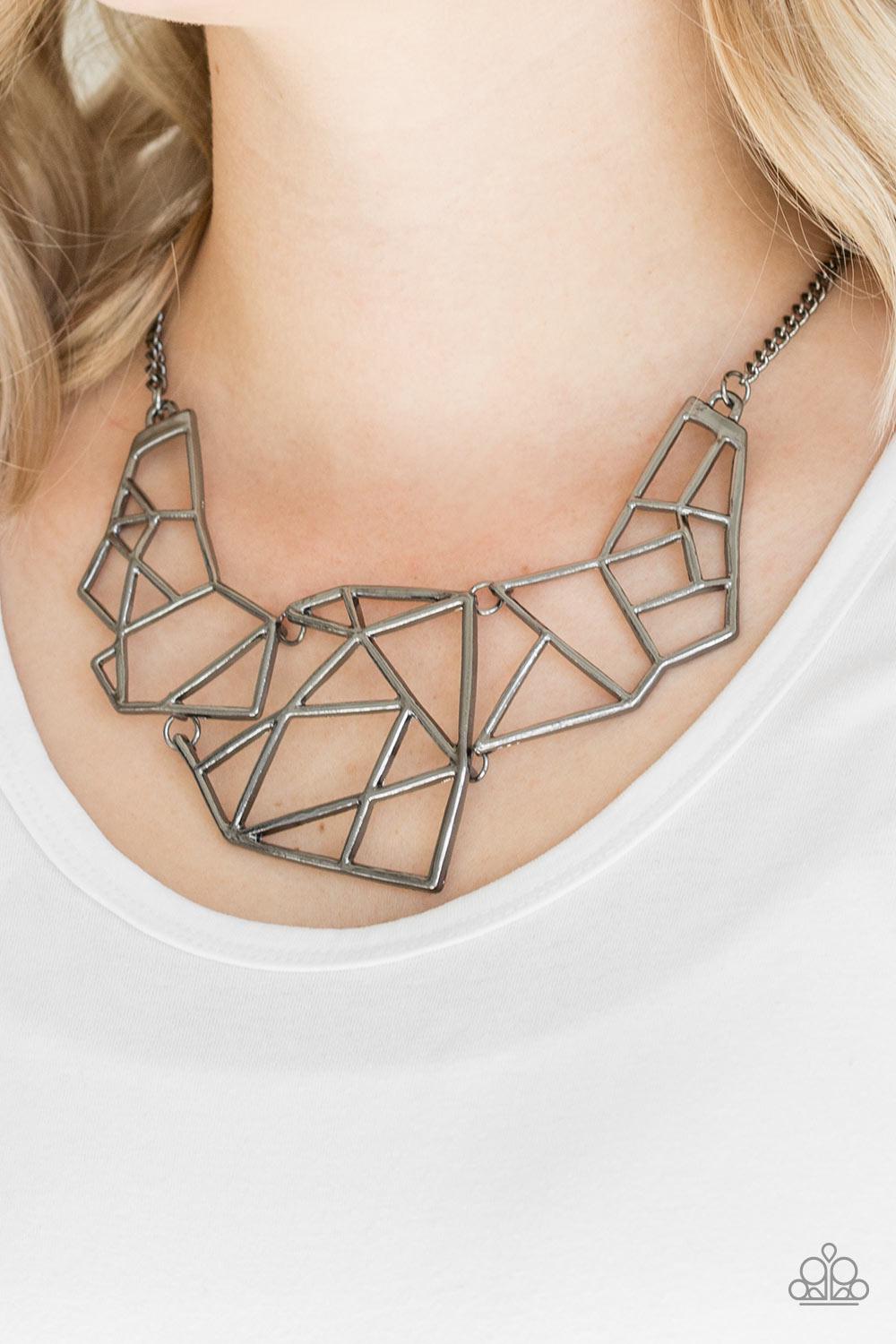 World Shattering Gunmetal Black Necklace - Paparazzi Accessories- on model - CarasShop.com - Paparazzi Jewelry by Cara Jewels