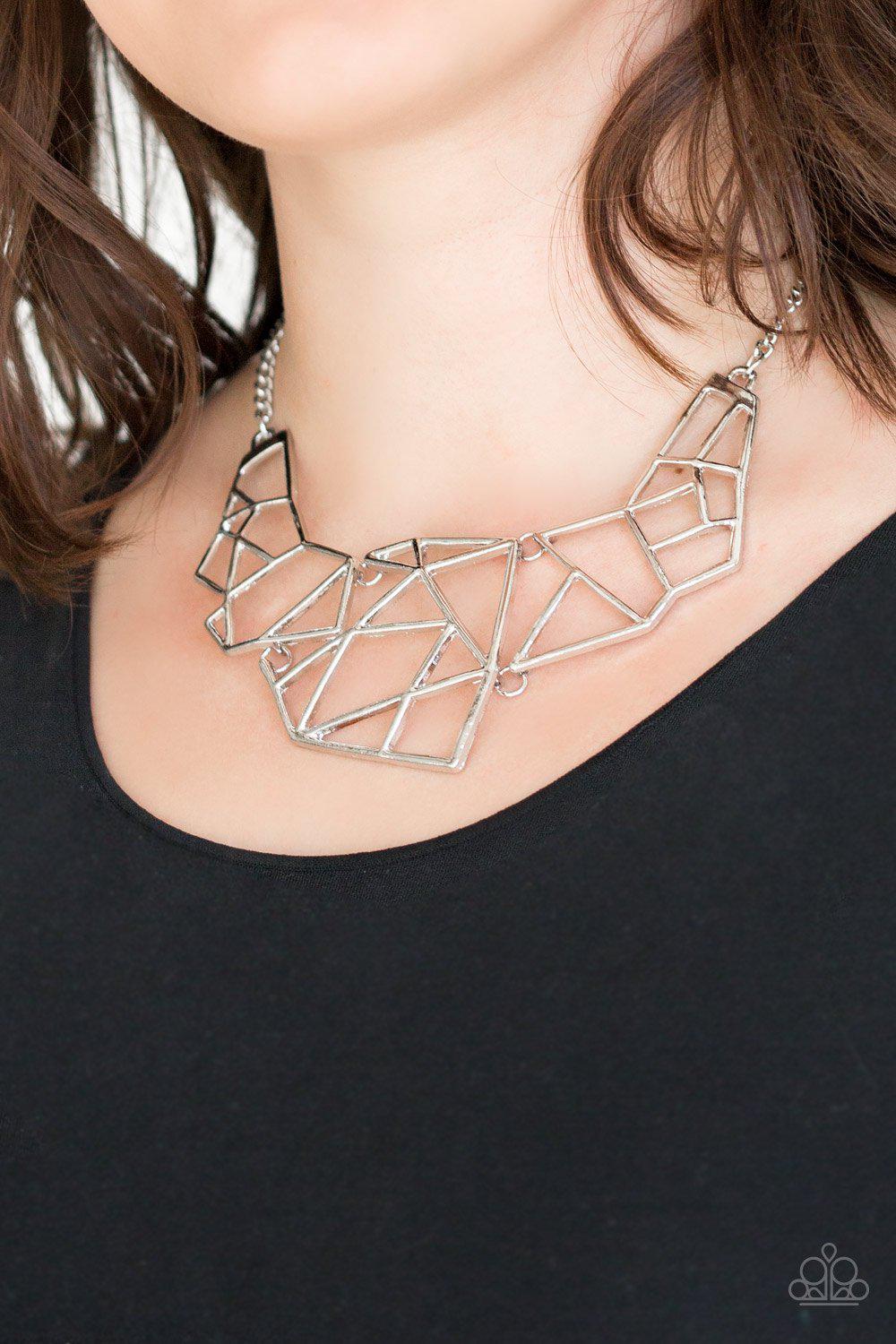 World Shattering Silver Statement Necklace - Paparazzi Accessories- on model - CarasShop.com - Paparazzi Jewelry by Cara Jewels