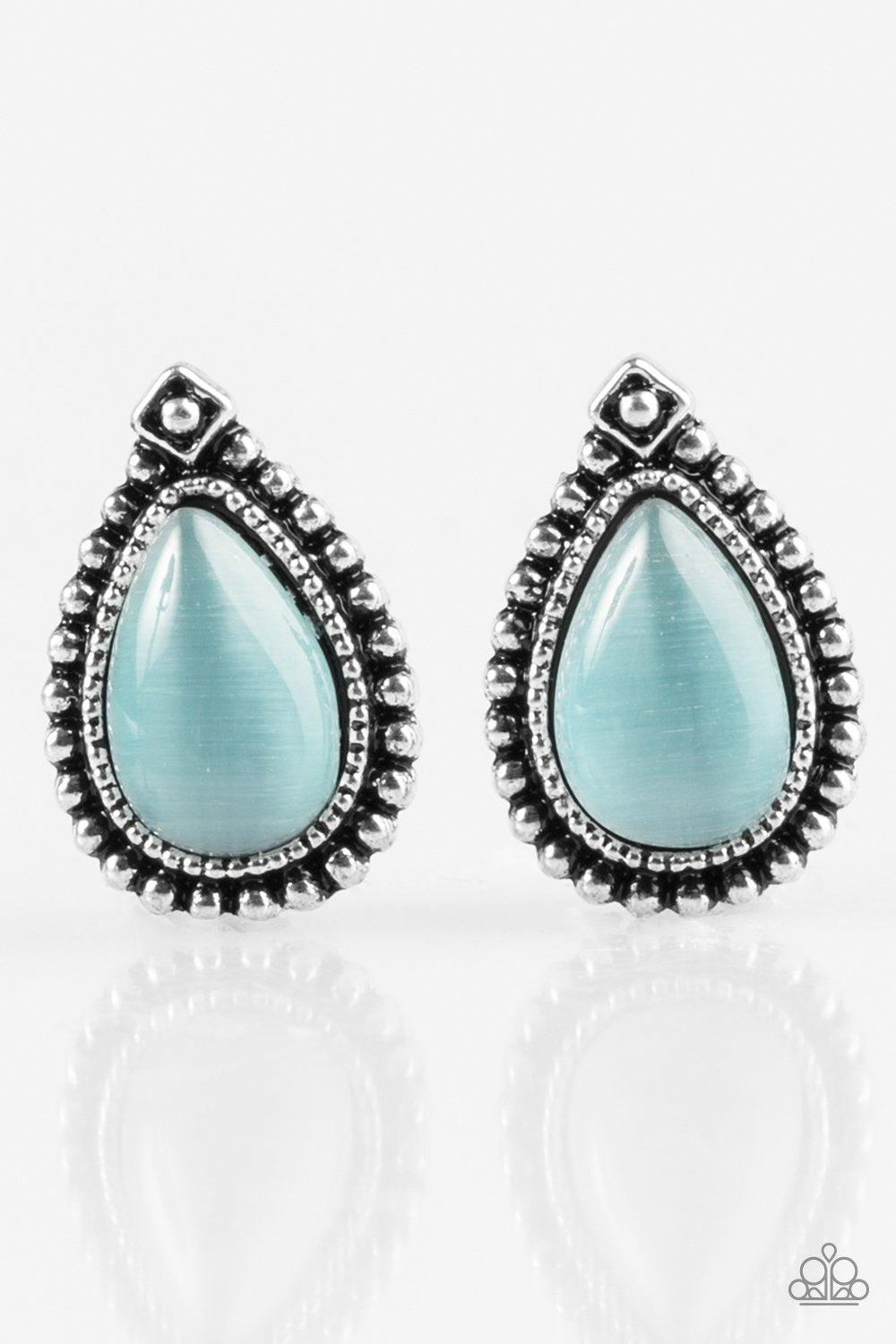 Wouldn't Gleam Of It Blue Moonstone Teardrop Post Earrings - Paparazzi Accessories- on model - CarasShop.com - Paparazzi Jewelry by Cara Jewels