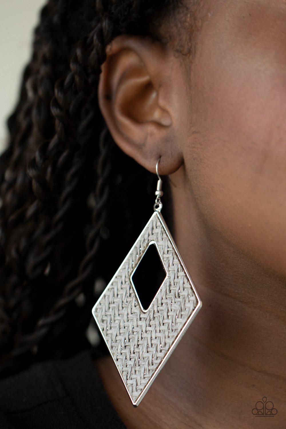 Woven Wanderer Silver Weave Earrings - Paparazzi Accessories- on model - CarasShop.com - Paparazzi Jewelry by Cara Jewels