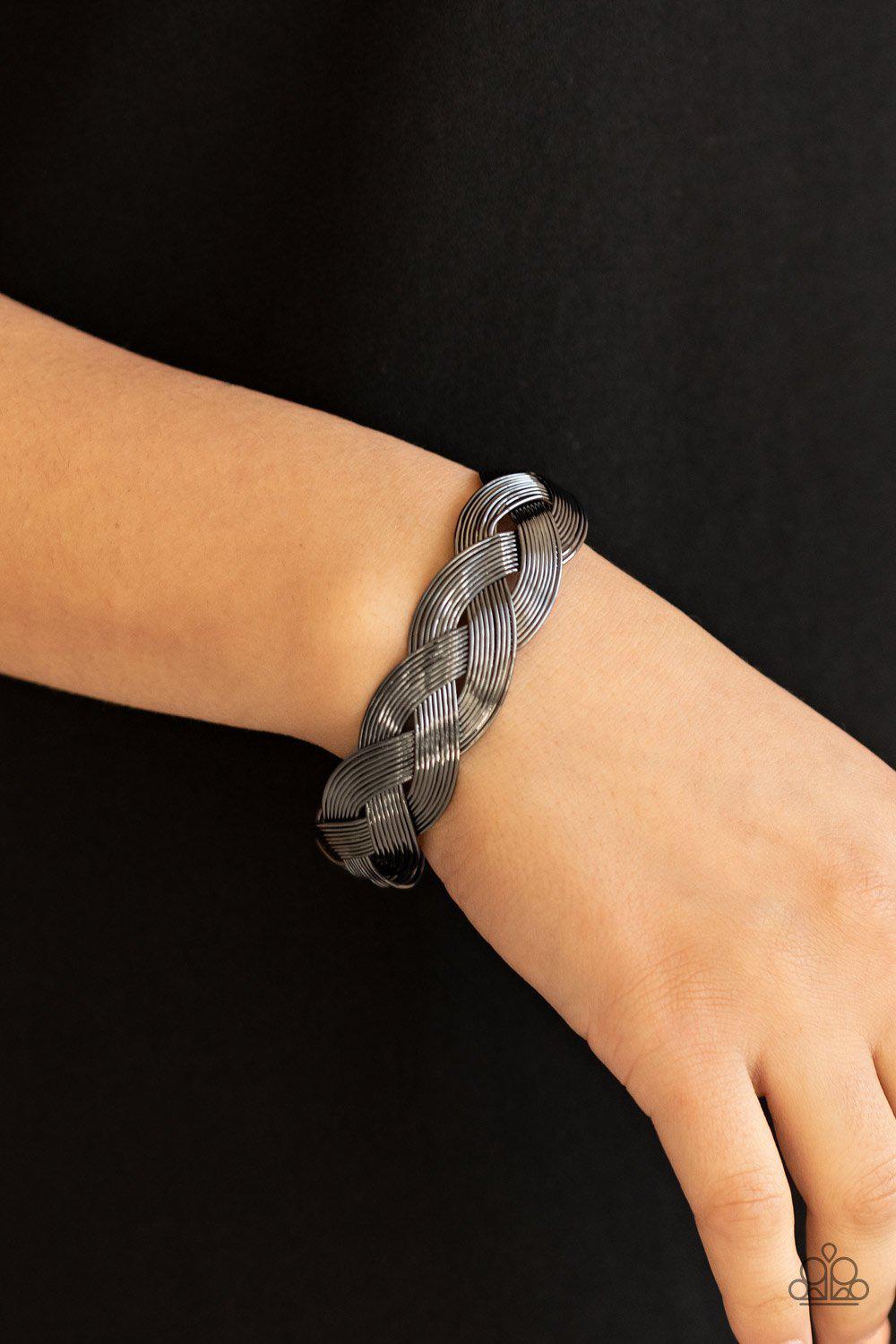 Woven Wonder Gunmetal Black Cuff Bracelet - Paparazzi Accessories- lightbox - CarasShop.com - Paparazzi Jewelry by Cara Jewels