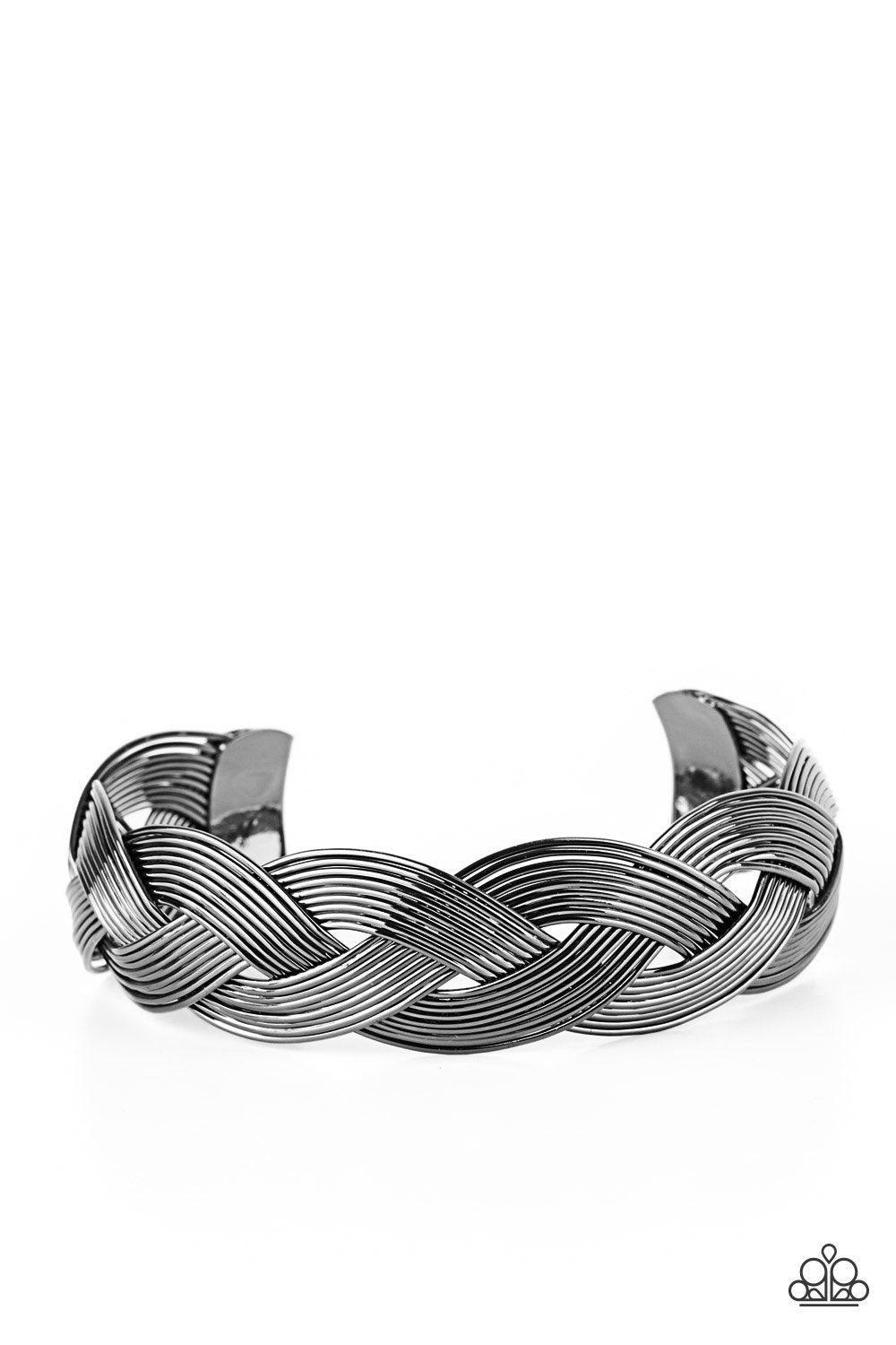 Woven Wonder Gunmetal Black Cuff Bracelet - Paparazzi Accessories- on model - CarasShop.com - Paparazzi Jewelry by Cara Jewels
