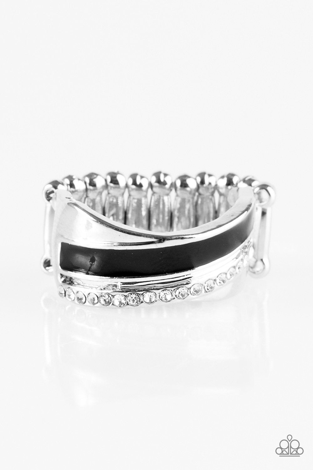 Wrapped In Radiance Silver and Black Ring - Paparazzi Accessories- lightbox - CarasShop.com - Paparazzi Jewelry by Cara Jewels