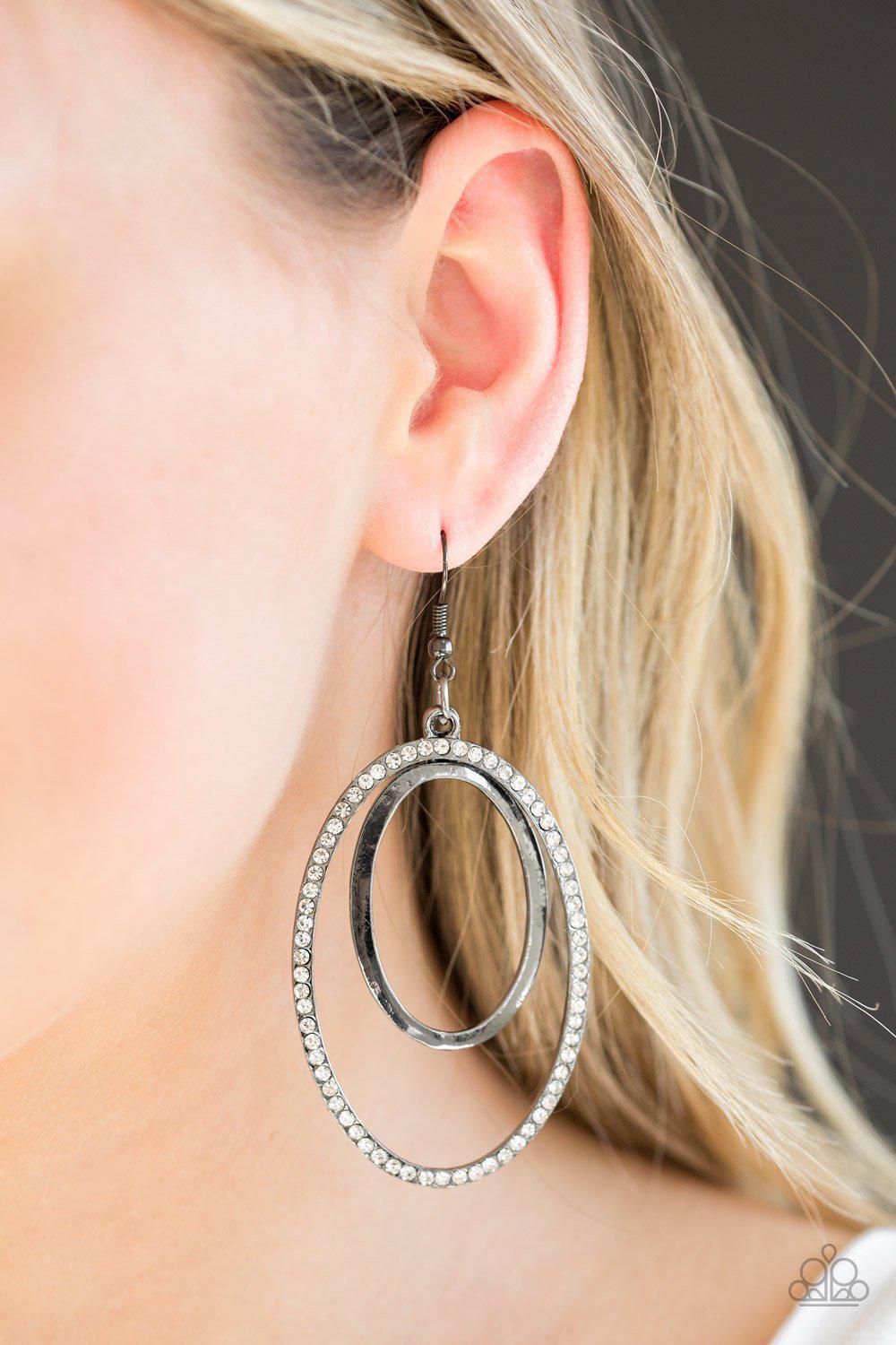 Wrapped In Wealth Gunmetal Black and White Rhinestone Earrings - Paparazzi Accessories- lightbox - CarasShop.com - Paparazzi Jewelry by Cara Jewels