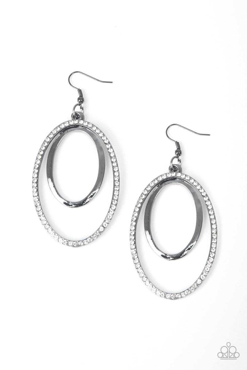 Wrapped In Wealth Gunmetal Black and White Rhinestone Earrings - Paparazzi Accessories- on model - CarasShop.com - Paparazzi Jewelry by Cara Jewels