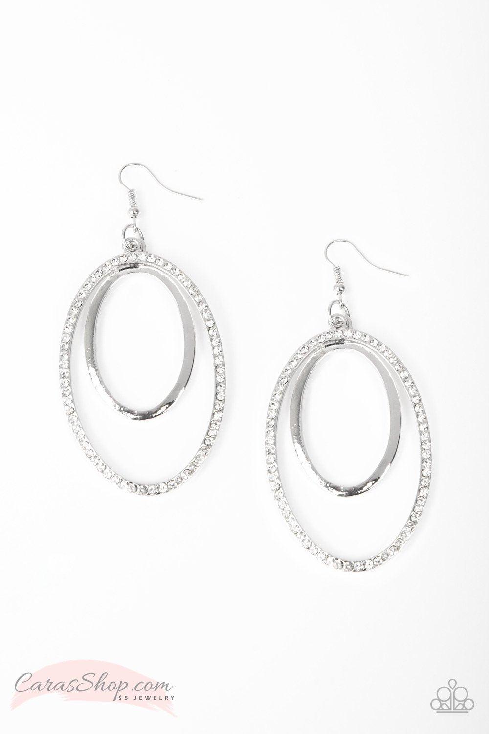 Wrapped In Wealth - Silver and White Rhinestone Earrings - Paparazzi Accessories- on model - CarasShop.com - Paparazzi Jewelry by Cara Jewels