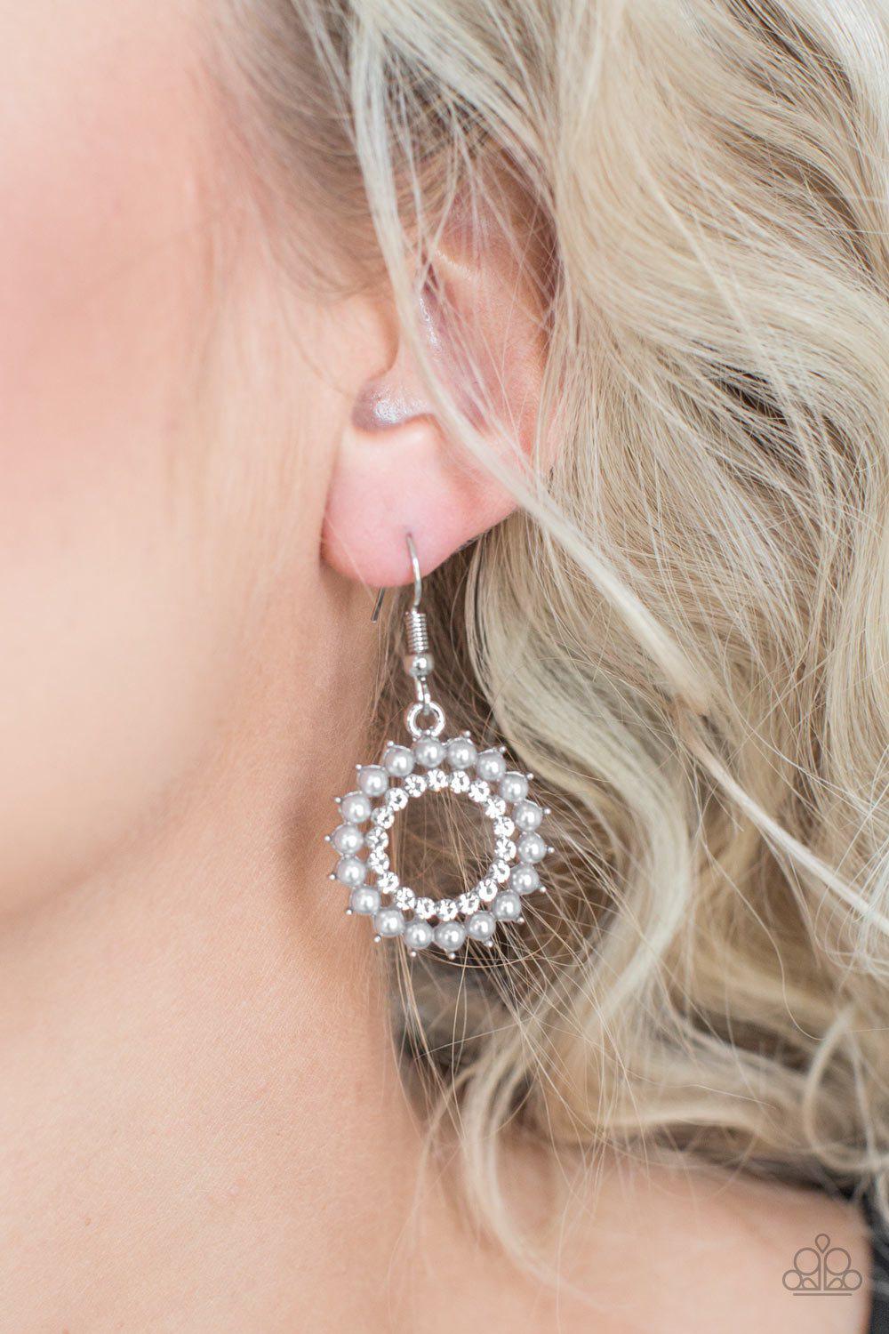 Wreathed In Radiance Silver Pearl Earrings - Paparazzi Accessories- on model - CarasShop.com - Paparazzi Jewelry by Cara Jewels