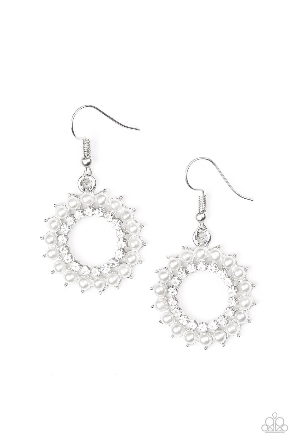 Wreathed In Radiance White Pearl Earrings - Paparazzi Accessories- lightbox - CarasShop.com - Paparazzi Jewelry by Cara Jewels