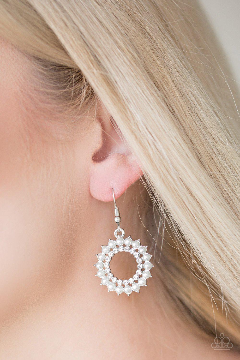 Wreathed In Radiance White Pearl Earrings - Paparazzi Accessories- on model - CarasShop.com - Paparazzi Jewelry by Cara Jewels