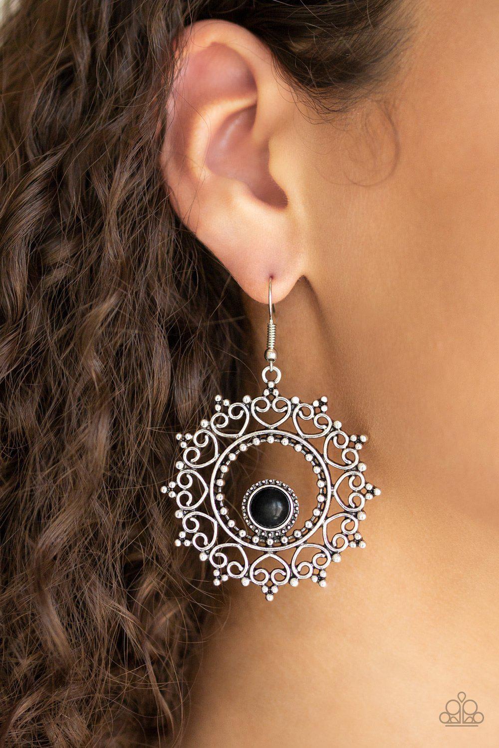 Wreathed In Whimsicality Silver and Black Earrings - Paparazzi Accessories- on model - CarasShop.com - Paparazzi Jewelry by Cara Jewels