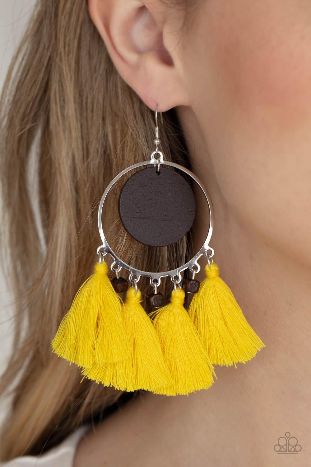 Yacht Bait Yellow Tassel Earrings - Paparazzi Accessories- on model - CarasShop.com - Paparazzi Jewelry by Cara Jewels