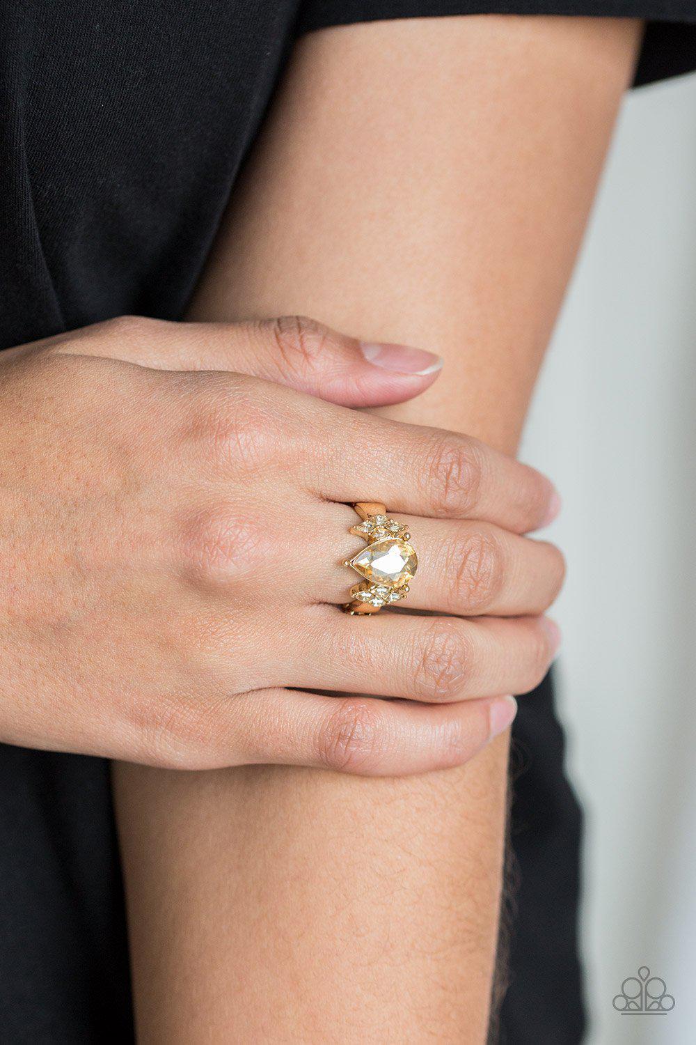 Yas Queen Gold Rhinestone Ring - Paparazzi Accessories- lightbox - CarasShop.com - Paparazzi Jewelry by Cara Jewels