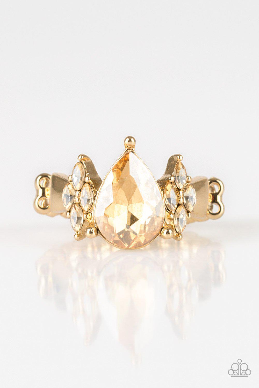 Yas Queen Gold Rhinestone Ring - Paparazzi Accessories- on model - CarasShop.com - Paparazzi Jewelry by Cara Jewels