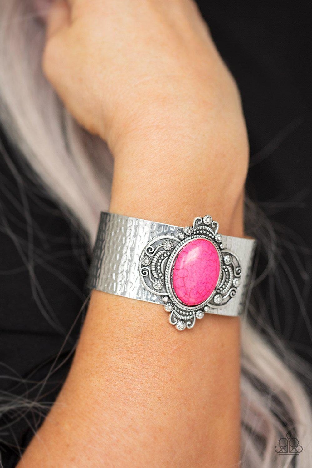 Yes I CANYON Pink Stone and Silver Cuff Bracelet - Paparazzi Accessories- lightbox - CarasShop.com - Paparazzi Jewelry by Cara Jewels