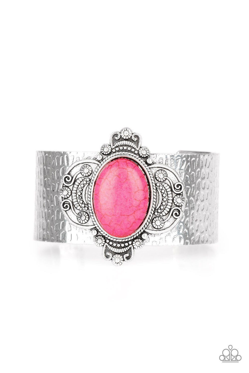 Yes I CANYON Pink Stone and Silver Cuff Bracelet - Paparazzi Accessories- on model - CarasShop.com - Paparazzi Jewelry by Cara Jewels