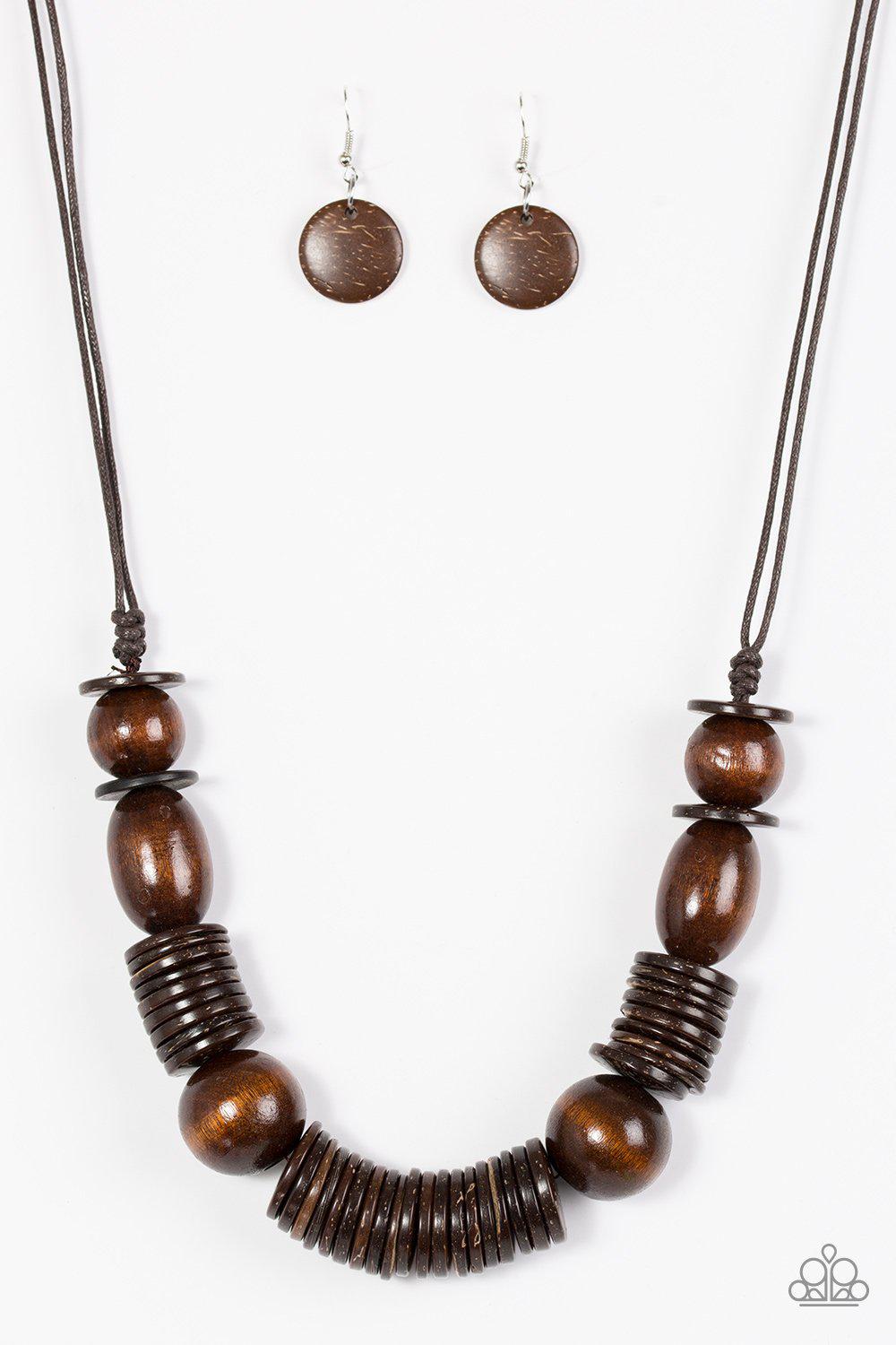 You Better BELIZE It Brown Wood Necklace - Paparazzi Accessories- on model - CarasShop.com - Paparazzi Jewelry by Cara Jewels