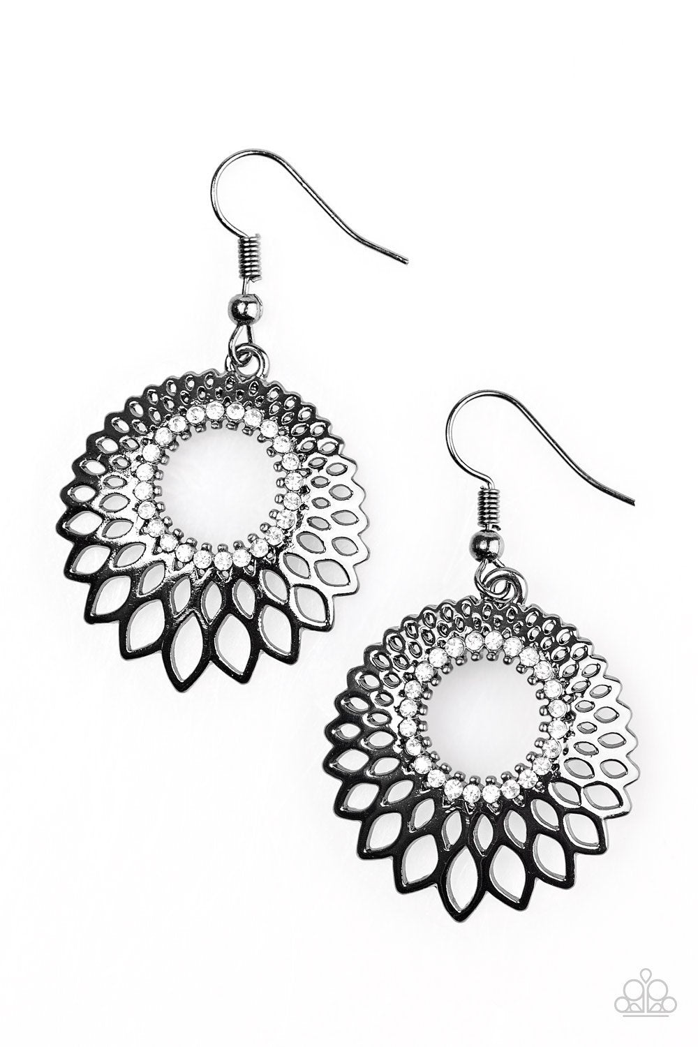 You Heard The GLAM! Gunmetal Black and White Rhinestone Earrings - Paparazzi Accessories- lightbox - CarasShop.com - Paparazzi Jewelry by Cara Jewels