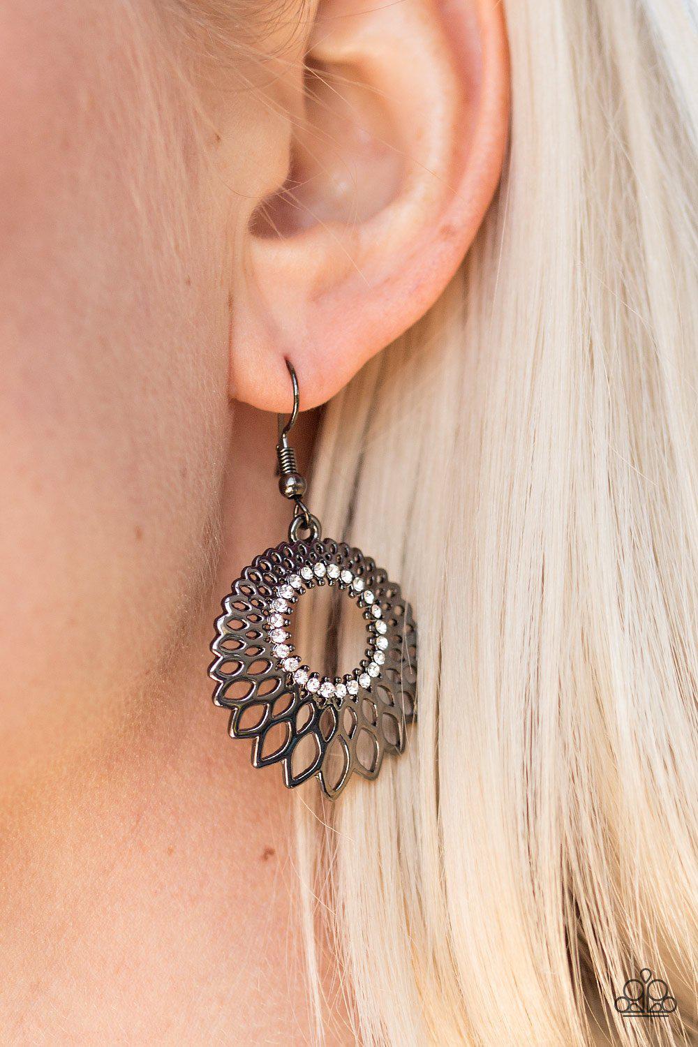 You Heard The GLAM! Gunmetal Black and White Rhinestone Earrings - Paparazzi Accessories- on model - CarasShop.com - Paparazzi Jewelry by Cara Jewels