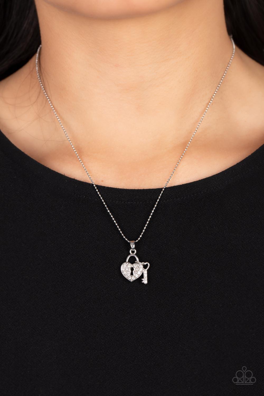 You Hold My Heart White Rhinestone Lock & Key Necklace - Paparazzi Accessories- on model - CarasShop.com - Paparazzi Jewelry by Cara Jewels