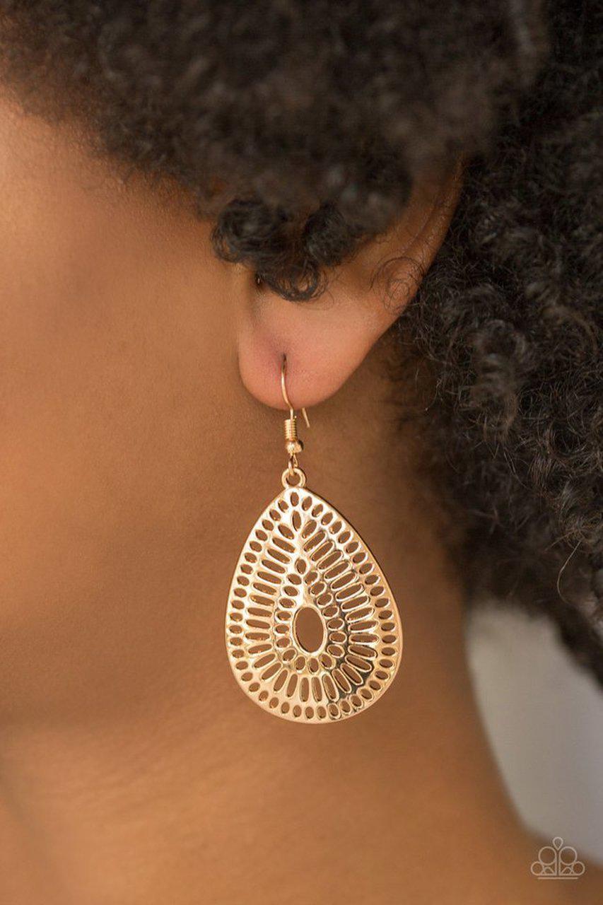 You Look GRATE! Gold Teardrop Earrings - Paparazzi Accessories- on model - CarasShop.com - Paparazzi Jewelry by Cara Jewels