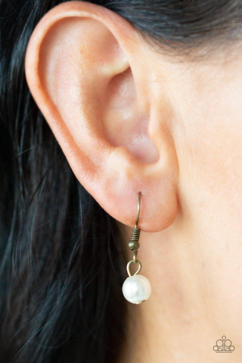 You May Kiss The Bride Brass and White Rhinestone Necklace - Paparazzi Accessories - free matching earrings -CarasShop.com - Paparazzi Jewelry by Cara Jewels