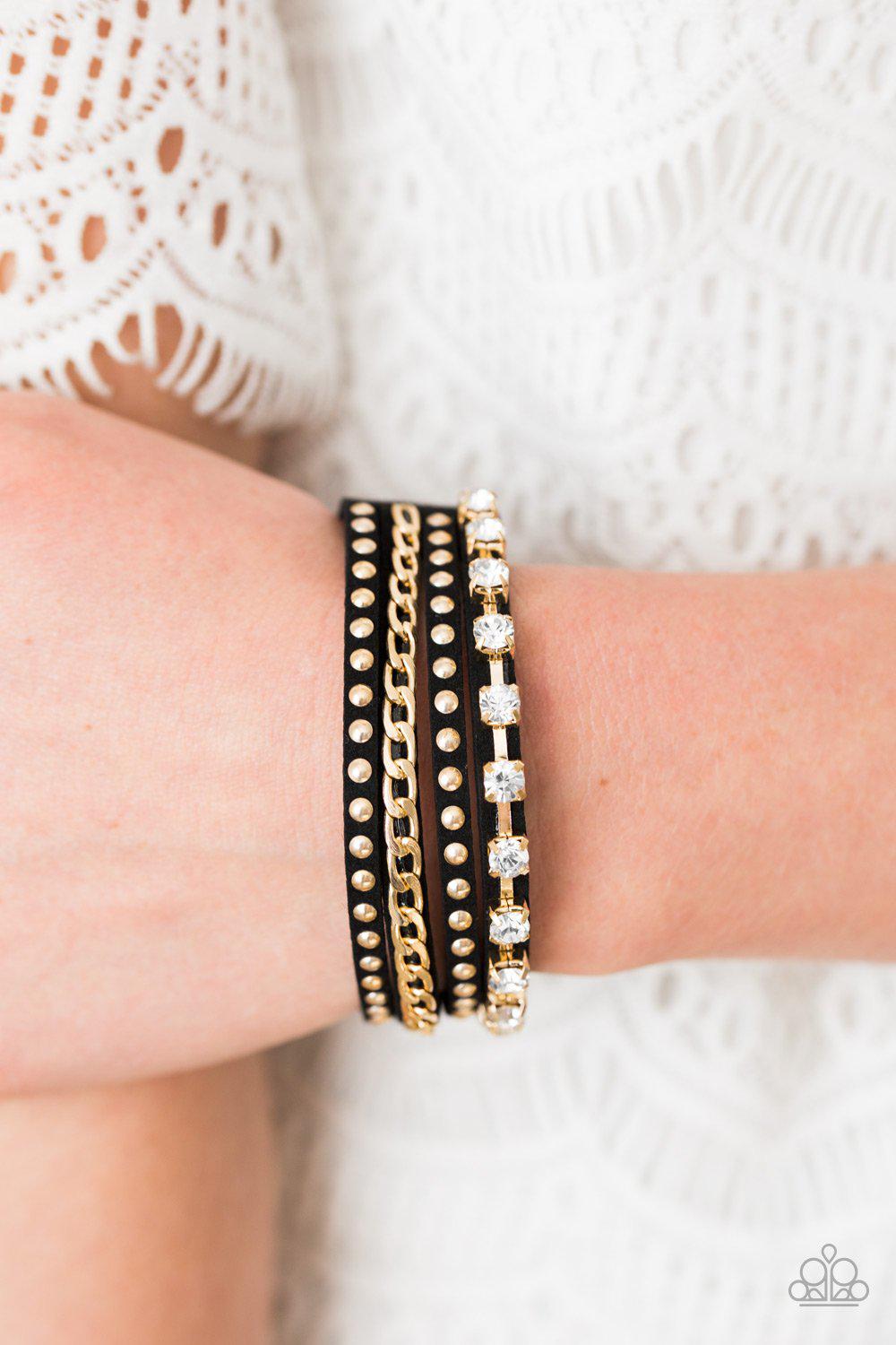 You Talkin To Me? Black and Gold Urban Wrap Snap Bracelet - Paparazzi Accessories- lightbox - CarasShop.com - Paparazzi Jewelry by Cara Jewels