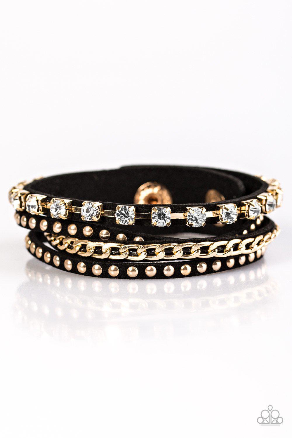 You Talkin To Me? Black and Gold Urban Wrap Snap Bracelet - Paparazzi Accessories- on model - CarasShop.com - Paparazzi Jewelry by Cara Jewels