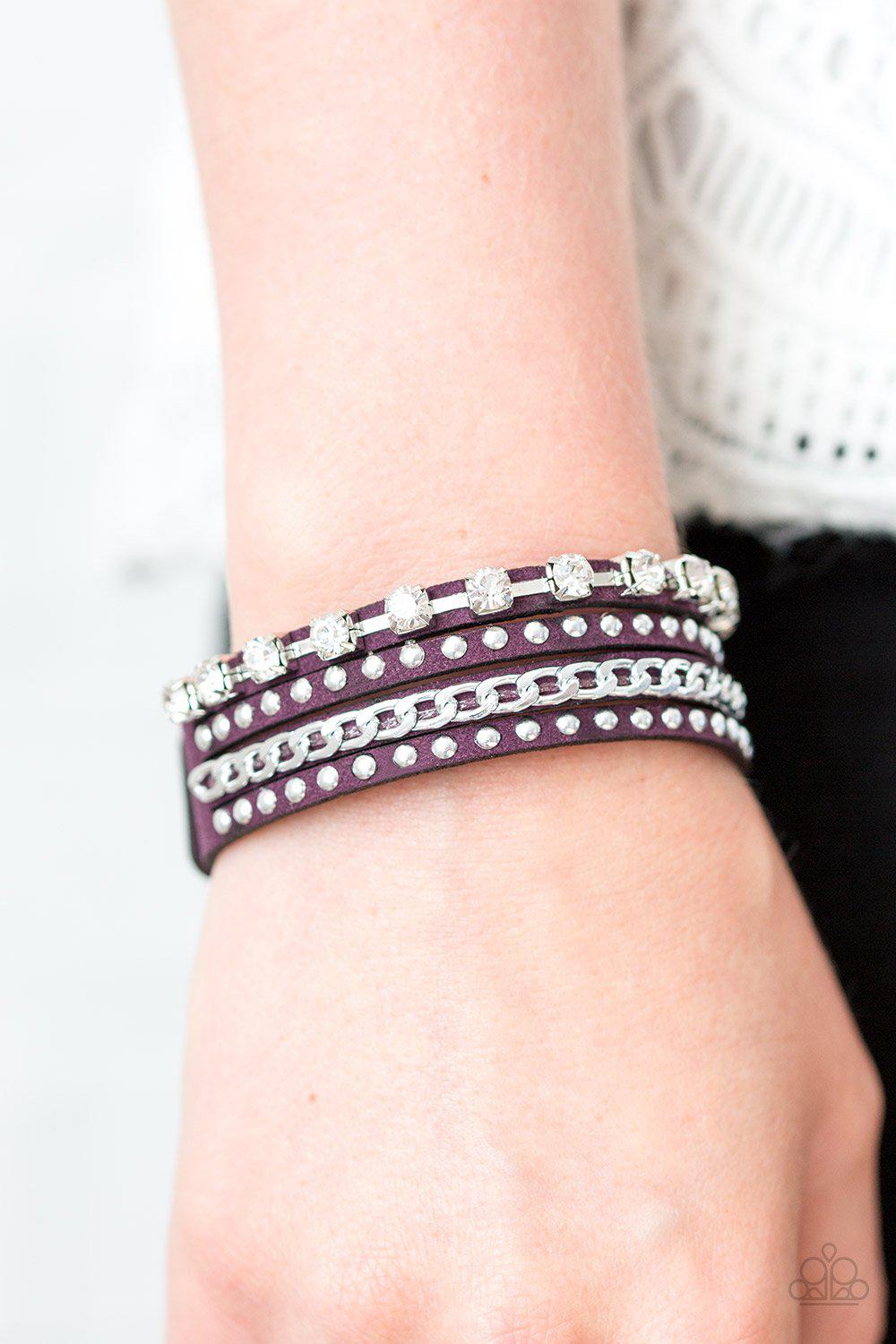 You Talkin To Me? Purple and Silver Urban Wrap Snap Bracelet - Paparazzi Accessories- on model - CarasShop.com - Paparazzi Jewelry by Cara Jewels