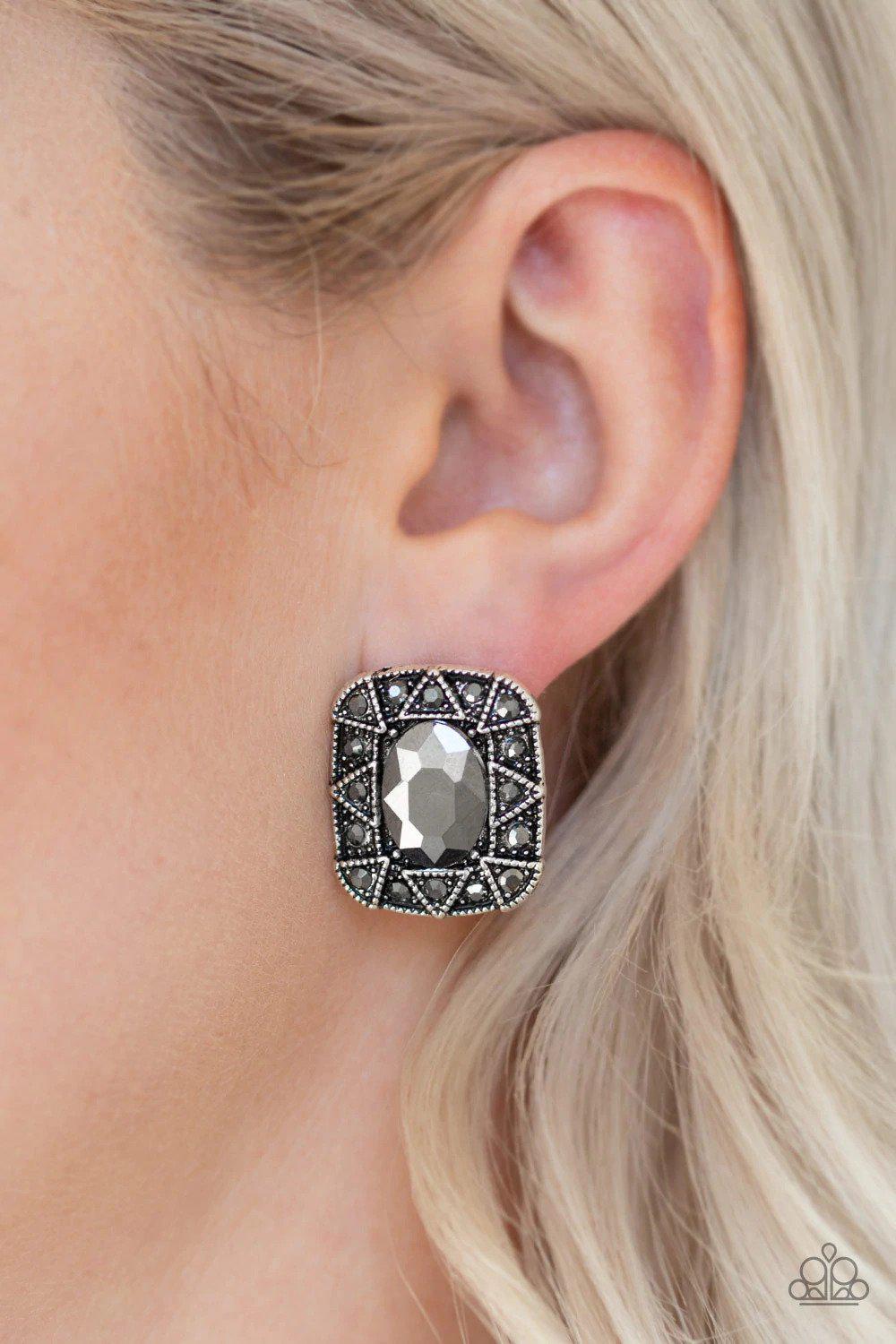 Young Money Silver Post Earrings - Paparazzi Accessories- on model - CarasShop.com - Paparazzi Jewelry by Cara Jewels