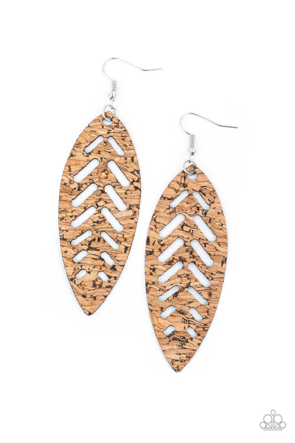 You're Such A CORK Brown Leaf Earrings - Paparazzi Accessories- lightbox - CarasShop.com - Paparazzi Jewelry by Cara Jewels