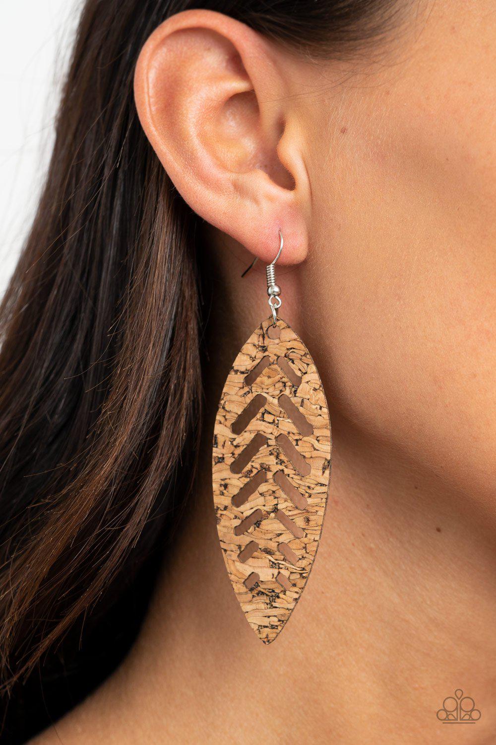 You're Such A CORK Brown Leaf Earrings - Paparazzi Accessories- lightbox - CarasShop.com - Paparazzi Jewelry by Cara Jewels
