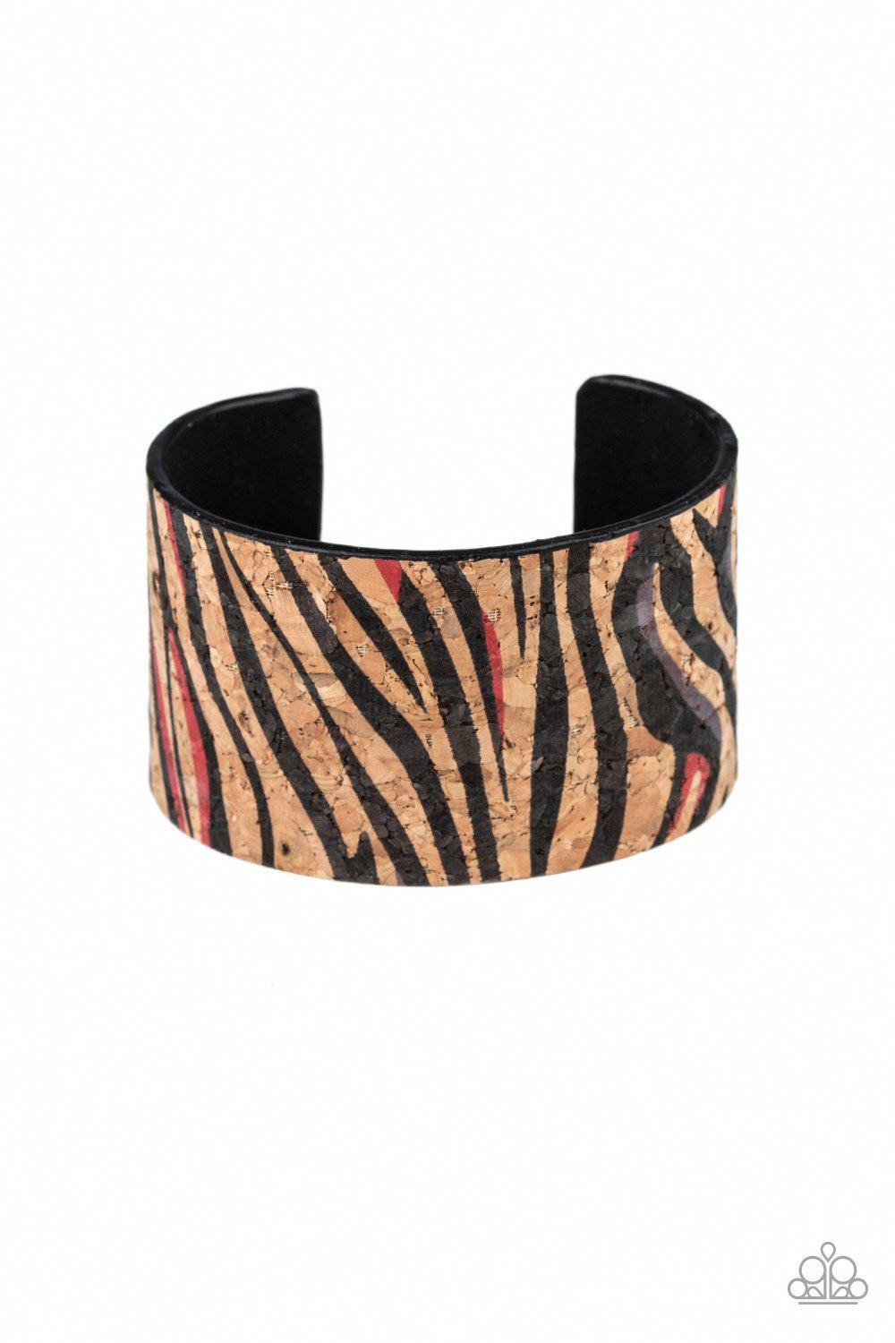 Zebra Zone Red Animal Print Cork Cuff Bracelet - Paparazzi Accessories- lightbox - CarasShop.com - Paparazzi Jewelry by Cara Jewels