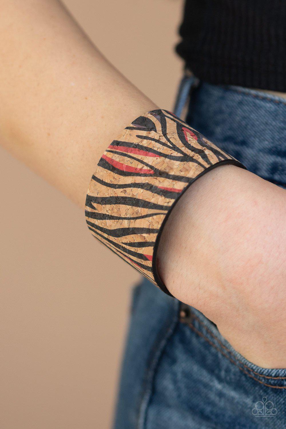 Zebra Zone Red Animal Print Cork Cuff Bracelet - Paparazzi Accessories- lightbox - CarasShop.com - Paparazzi Jewelry by Cara Jewels