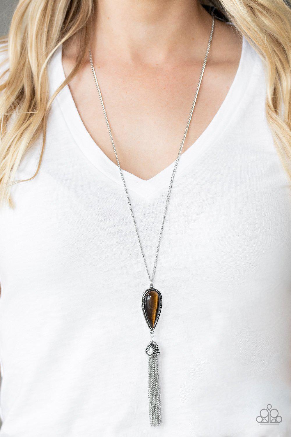 Zen Generation Brown Tiger's Eye Tassel Necklace - Paparazzi Accessories- on model - CarasShop.com - Paparazzi Jewelry by Cara Jewels