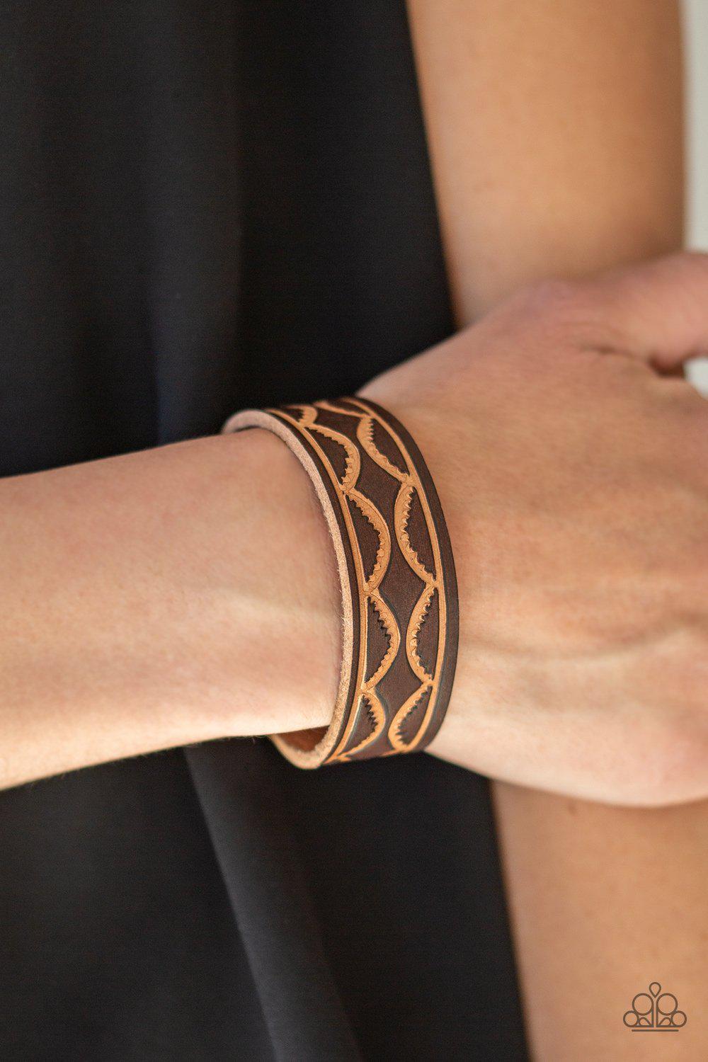 Zion Horizon Brown Leather Urban Bracelet - Paparazzi Accessories- on model - CarasShop.com - Paparazzi Jewelry by Cara Jewels