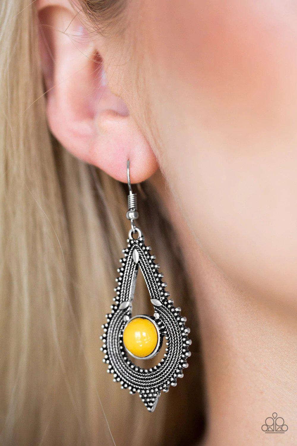 Zoomin' Zumba Yellow Earrings - Paparazzi Accessories- on model - CarasShop.com - Paparazzi Jewelry by Cara Jewels